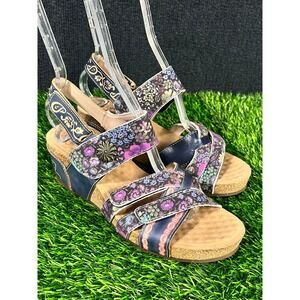 L'Artiste Spring Step Rolzah Floral Leather Wedge Sandals Navy Blue 38 US 7.5-8